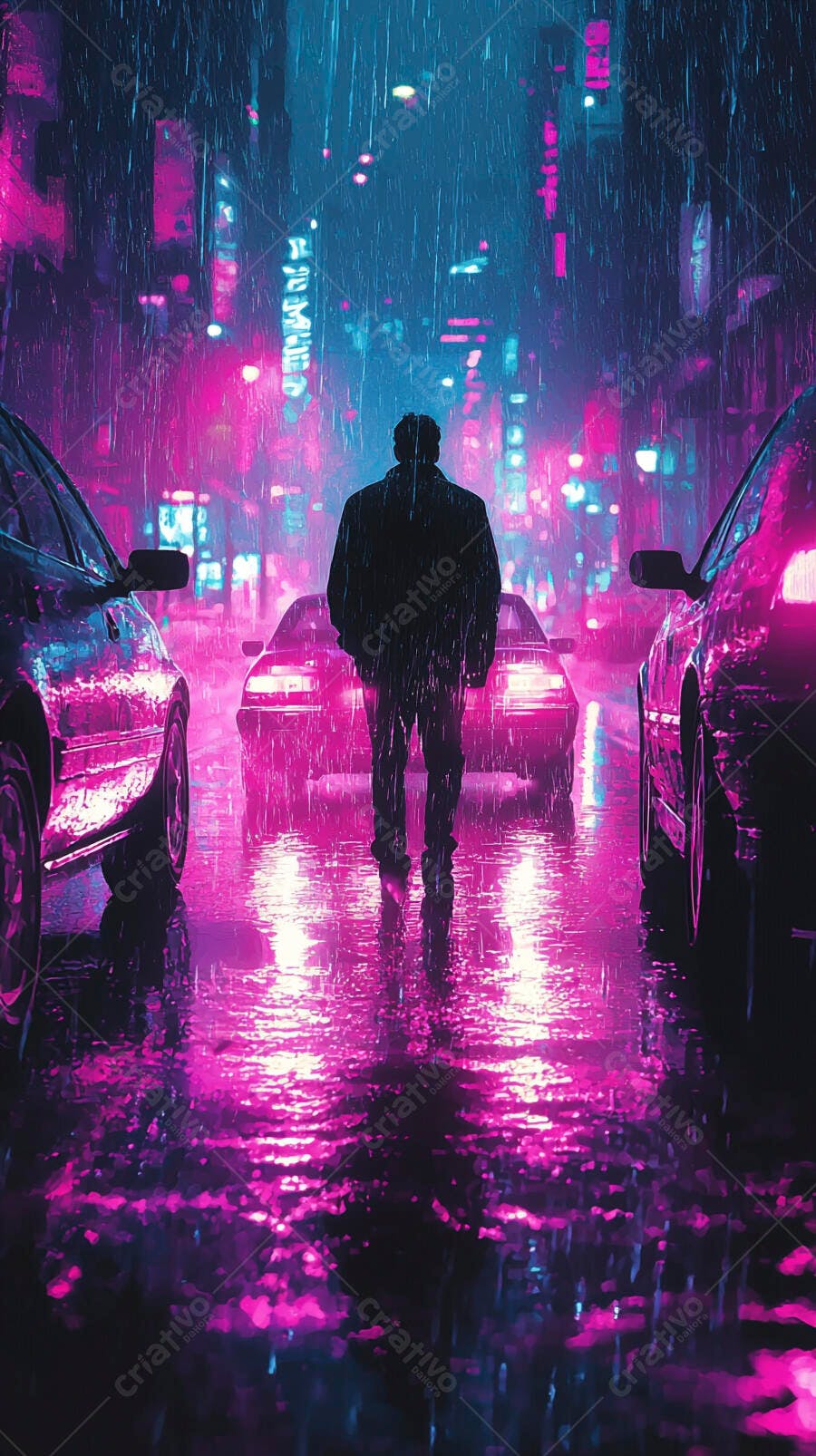 Homem andando na rua urbana chuvosa à noite com luzes neon rosa e azul
