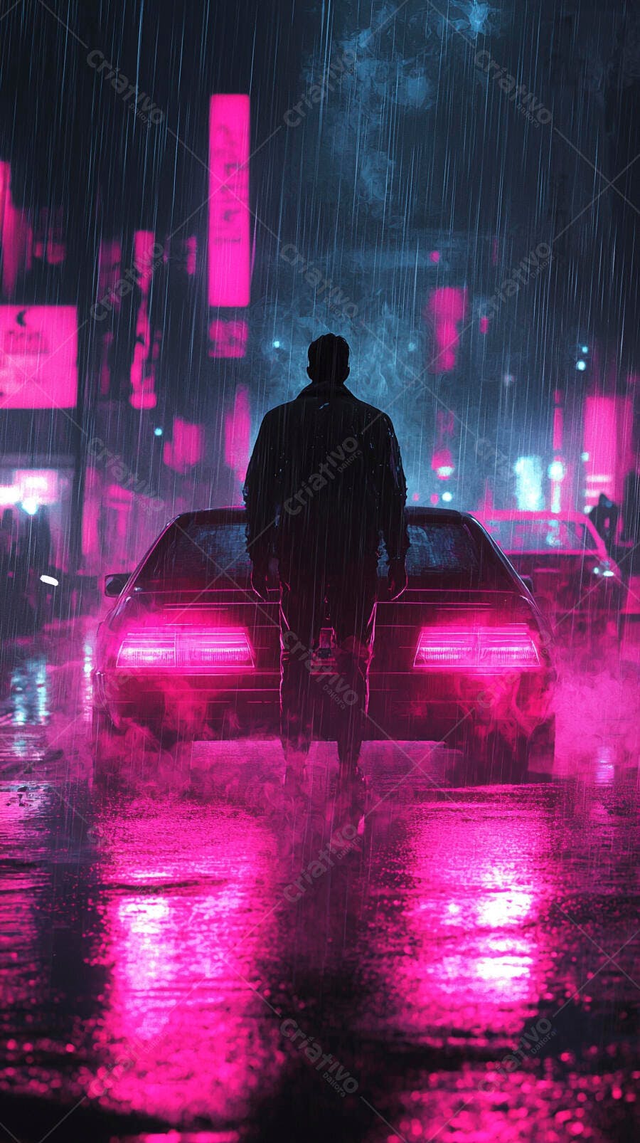 Homem de jaqueta preta caminhando na chuva noturna em cidade neon rosa