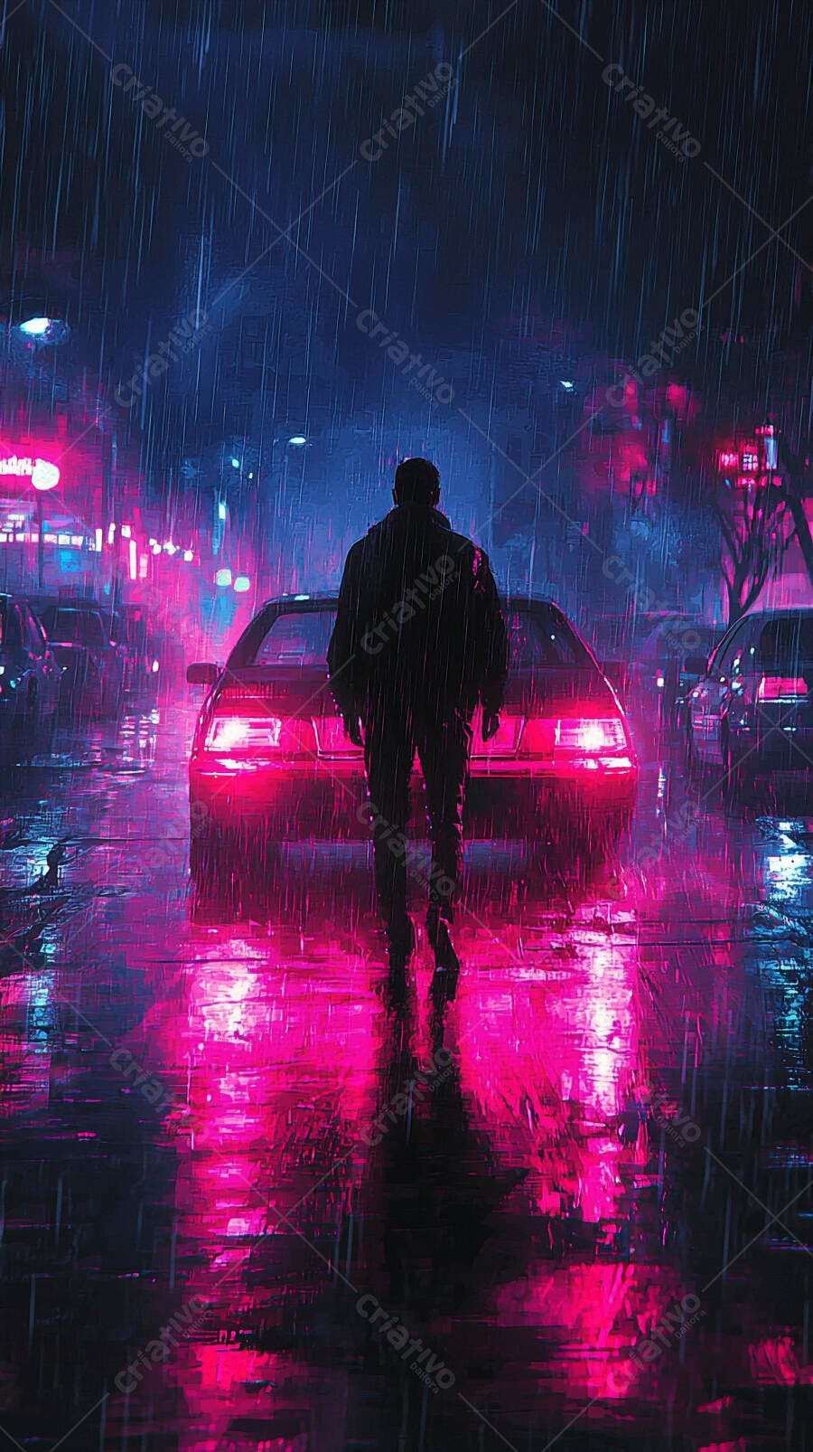 Homem andando em rua chuvosa à noite com luzes neon rosa e azul