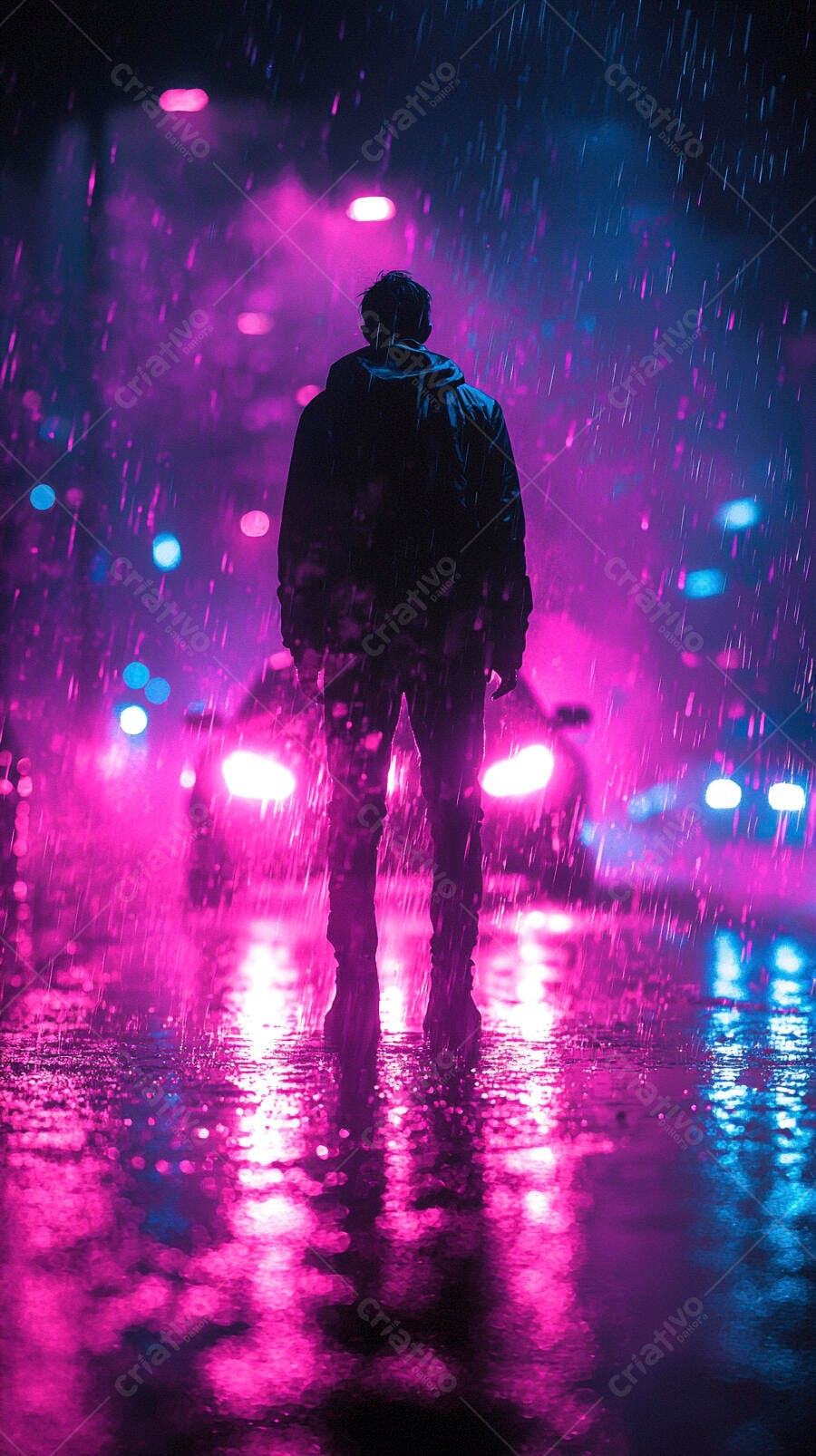 Homem de costas na chuva noturna com luzes neon rosa e azul na cidade