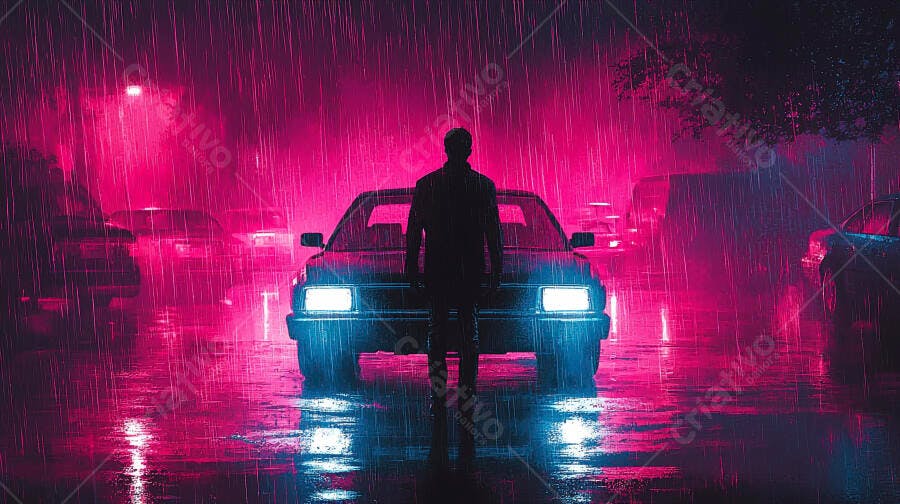 Homem parado na chuva neon rosa com carro azul à noite