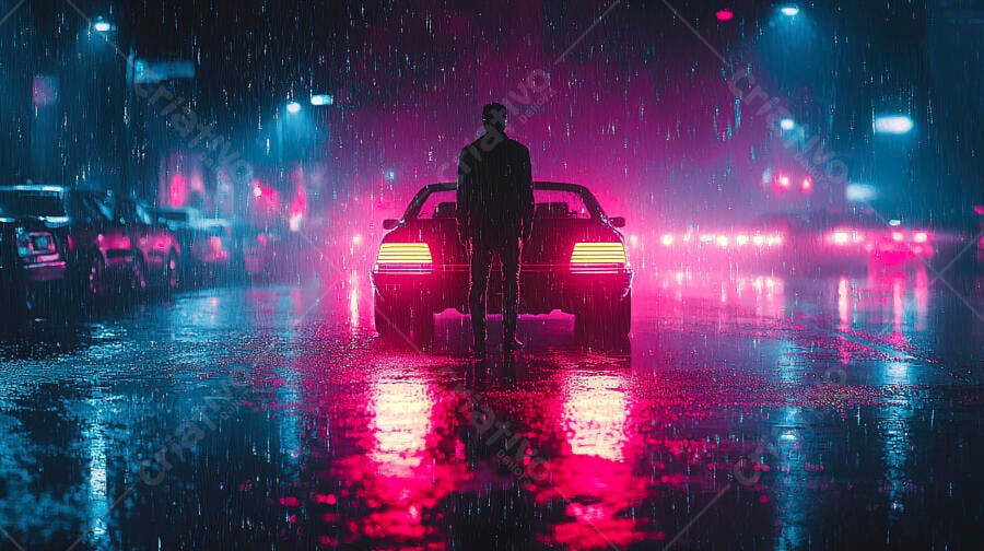 Homem em rua noturna chuvosa com carro neon rosa e azul