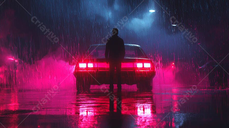 Homem de costas com carro vintage em rua chuvosa e luzes neon rosa azul