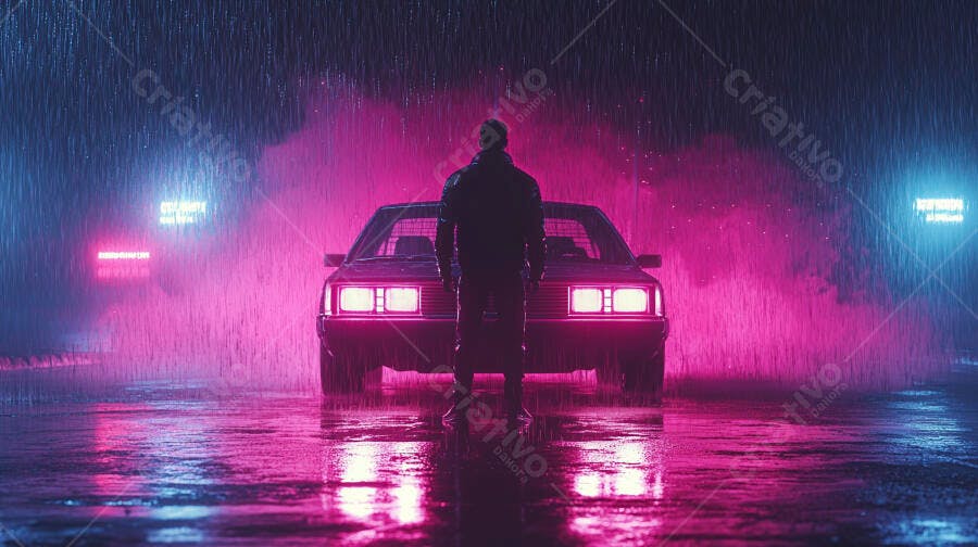 Homem em frente a carro vintage na chuva neon rosa e azul