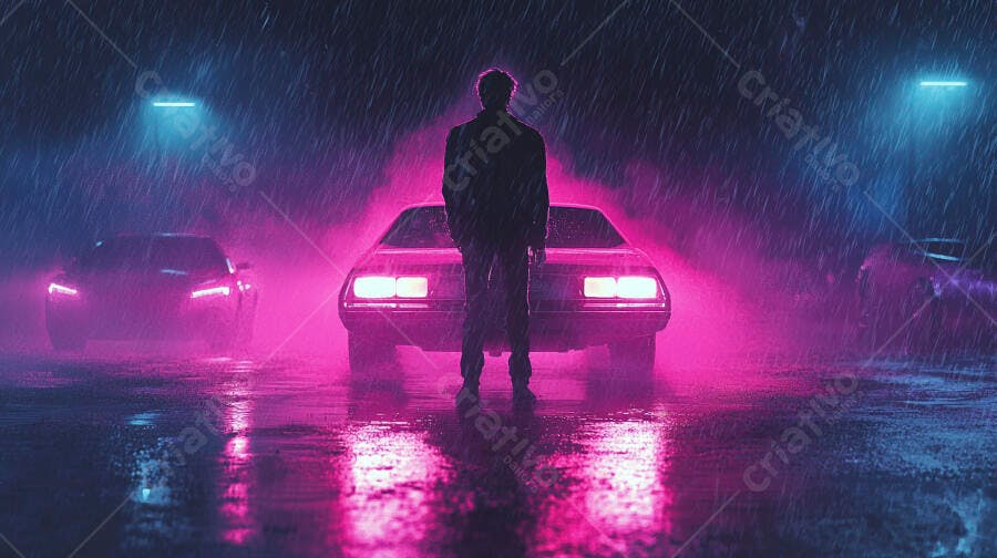 Homem em silhueta sob chuva neon com carros retrô na noite escura