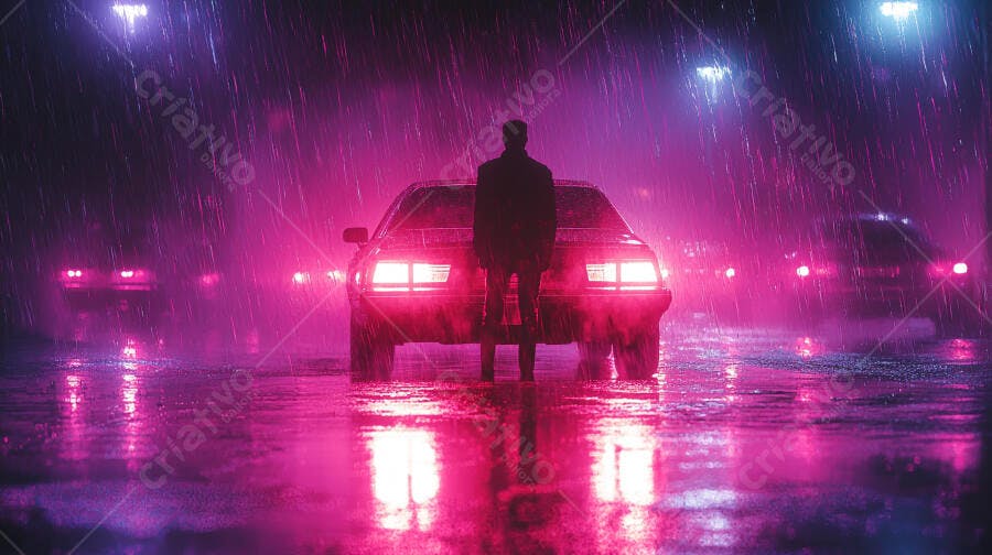 Homem com carro clássico em rua chuvosa noturna iluminada por neon rosa