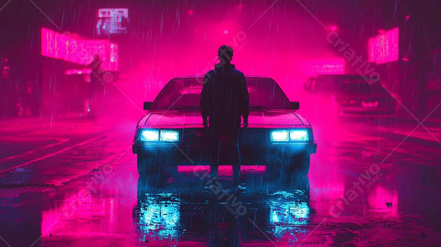 Homem misterioso na chuva neon em frente a carro cyberpunk vintage