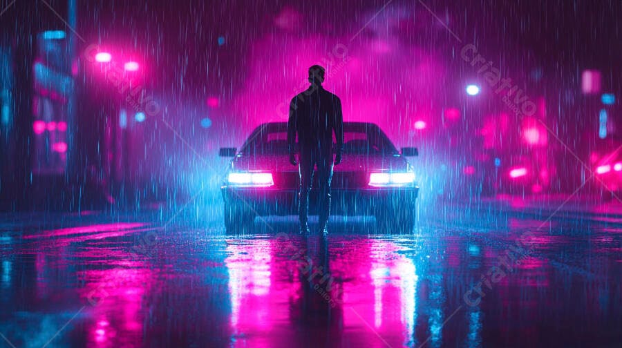 Homem em frente a carro na rua neon chuvosa urbana noturna