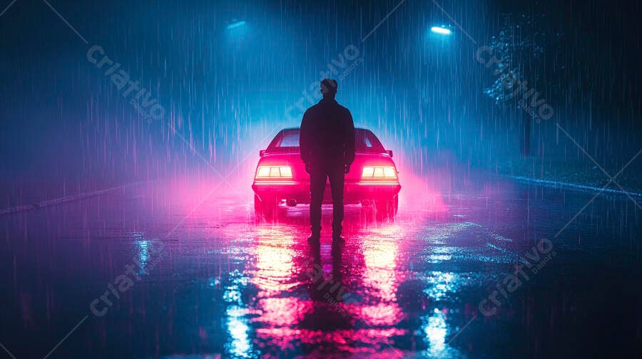 Homem e carro retrô sob chuva neon azul e rosa à noite