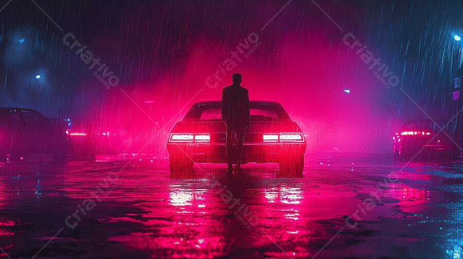 Homem misterioso em silhueta na chuva noturna com carro neon rosa