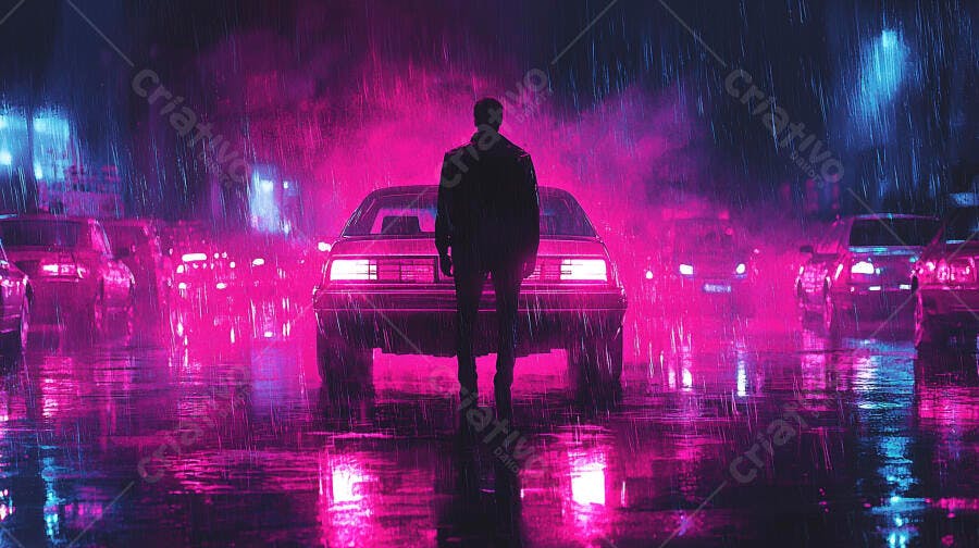 Homem misterioso em rua chuvosa neon rosa e azul noturno