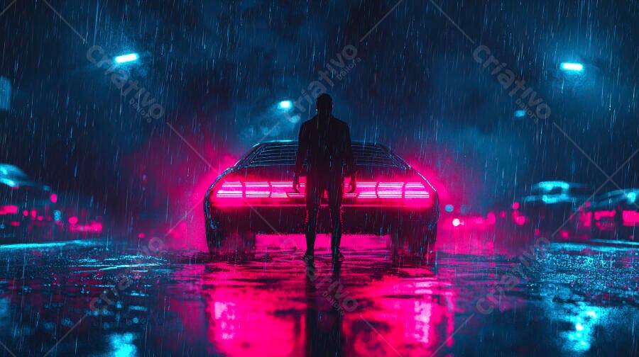 Homem misterioso em frente a carro neon na chuva noturna
