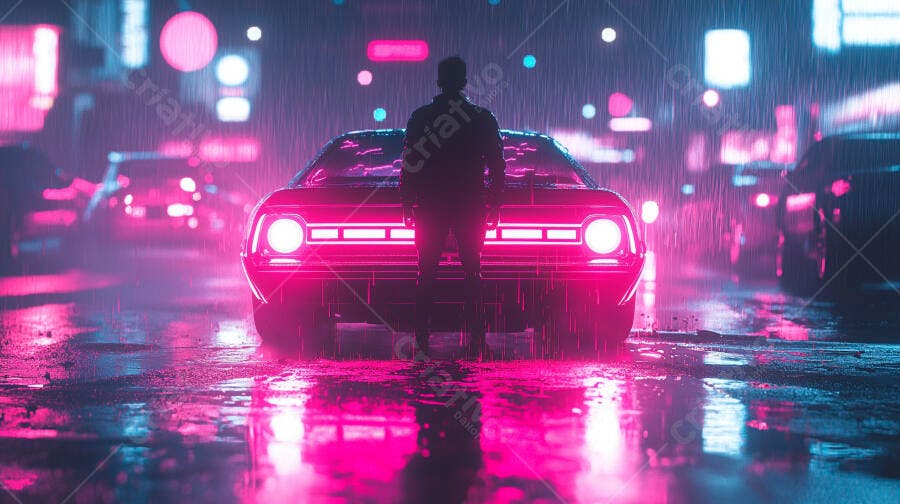 Homem em silhueta frente a carro esportivo neon em noite chuvosa urbana