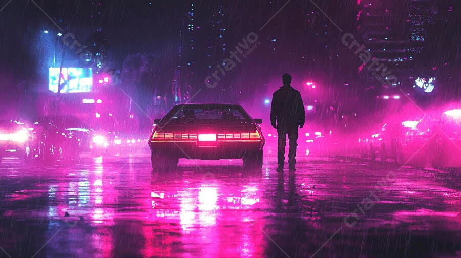 Homem e carro clássico na chuva neon da cidade à noite