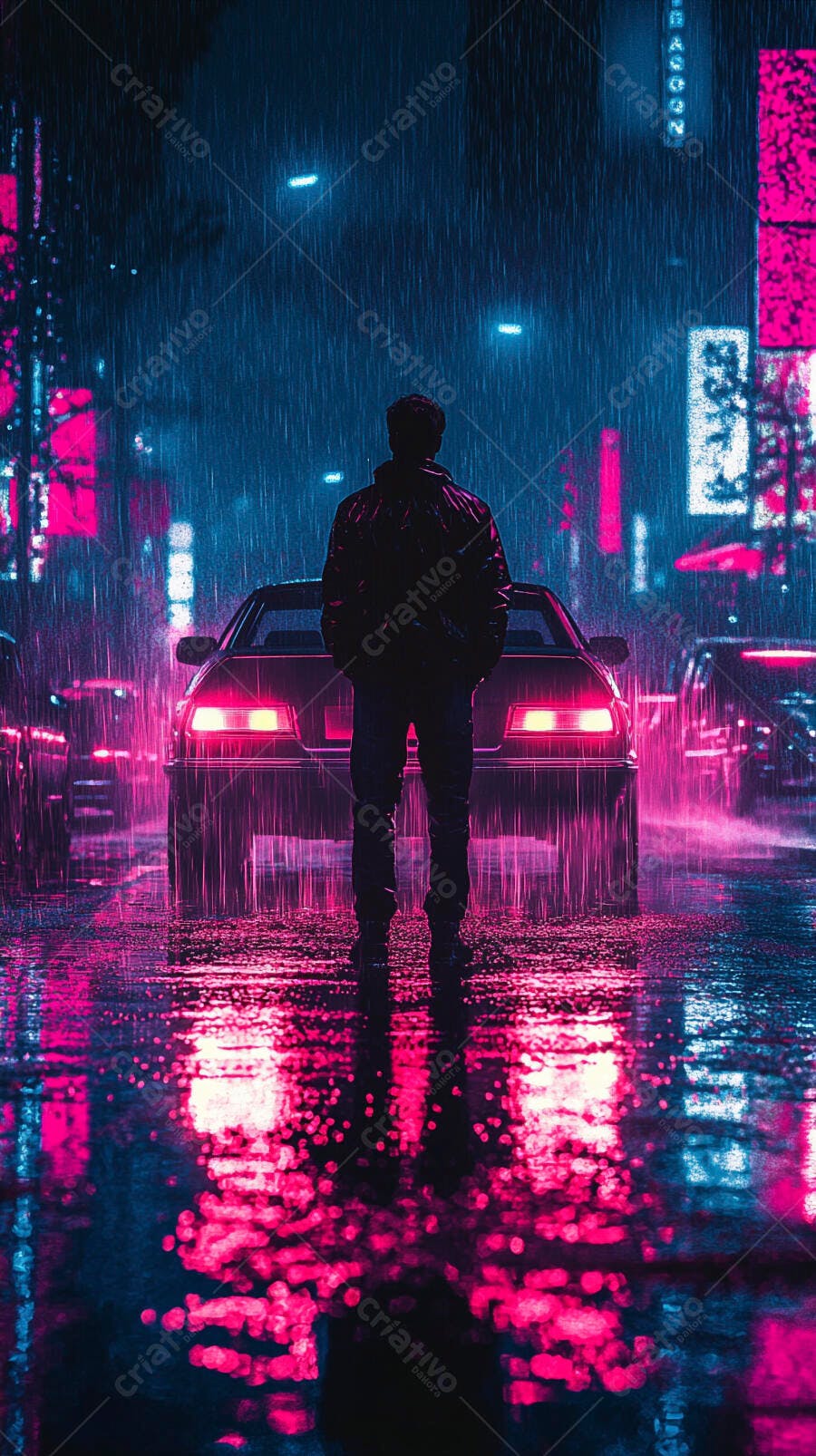 Homem em rua noturna chuvosa com carros luzes neon rosa e azul estilo cyberpunk