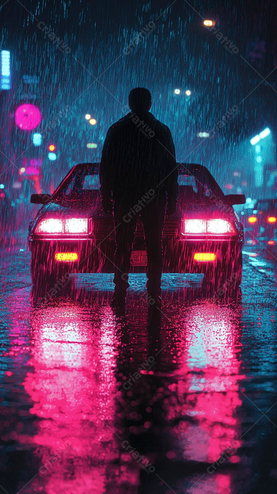 Homem em silhueta na chuva com carro neon rosa e azul na cidade à noite