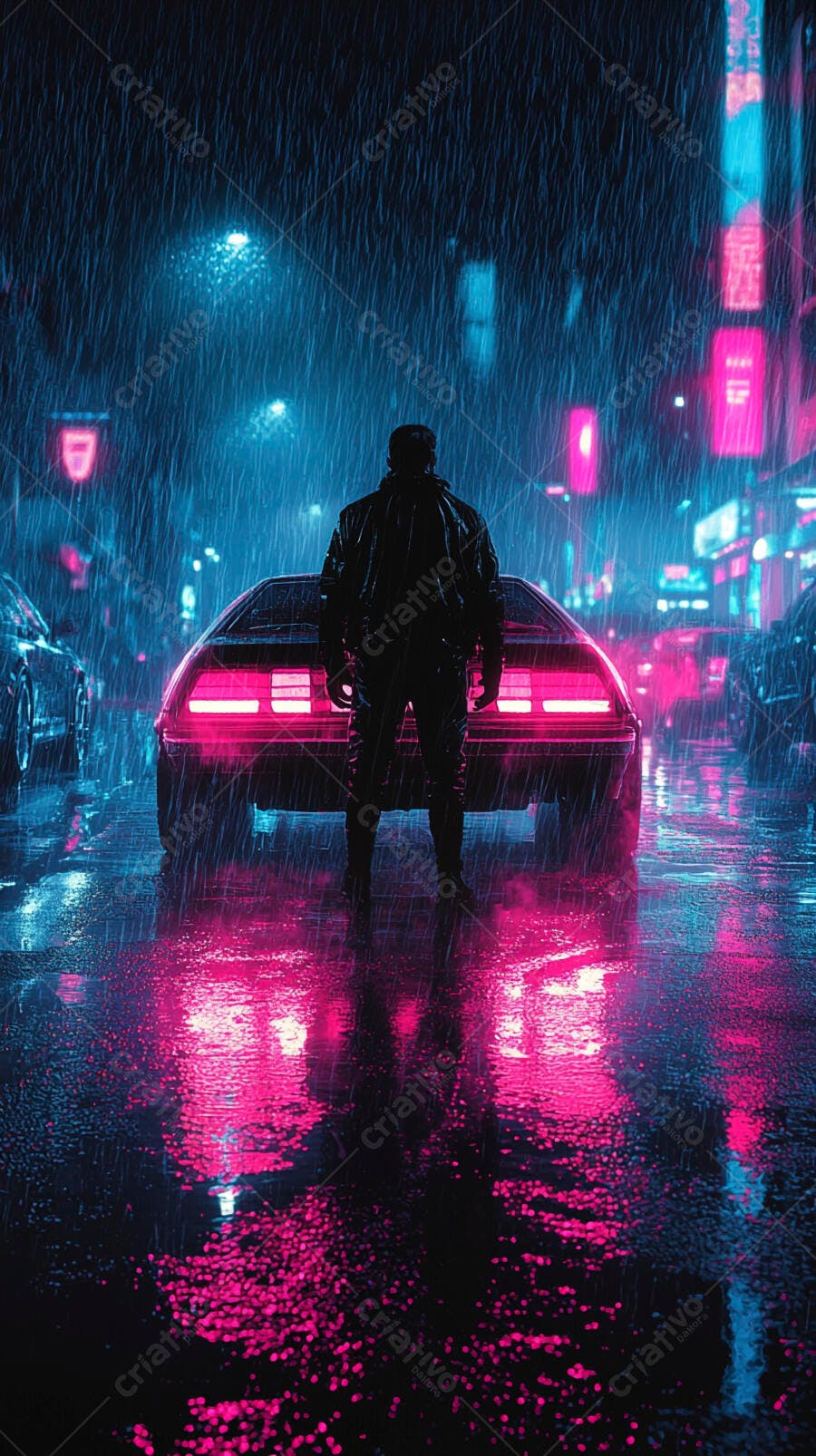 Homem em casaco estilo cyberpunk na chuva noturna com carro esportivo neon na cidade