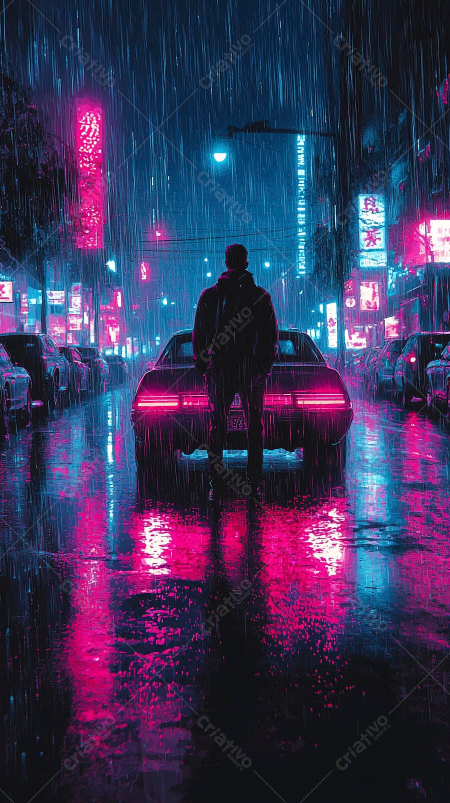 Homem de capuz na rua chuvosa com luzes neon intensas a noite
