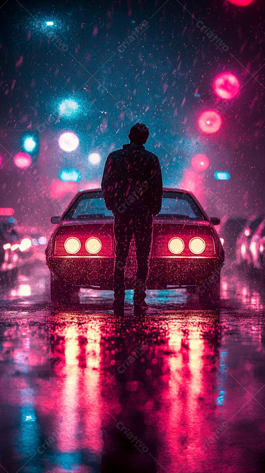 Homem parado em frente a carro vermelho em rua noturna chuvosa neon