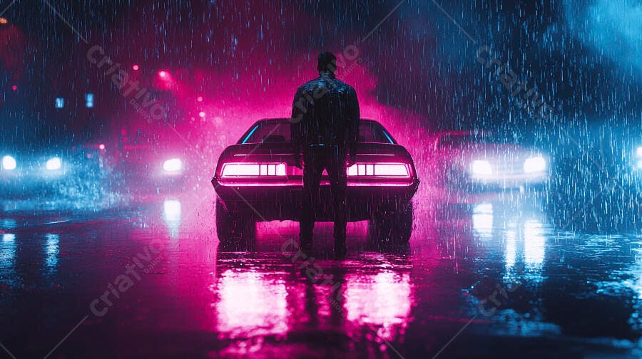 Homem em jaqueta sob chuva neon urbana com carro clássico à noite