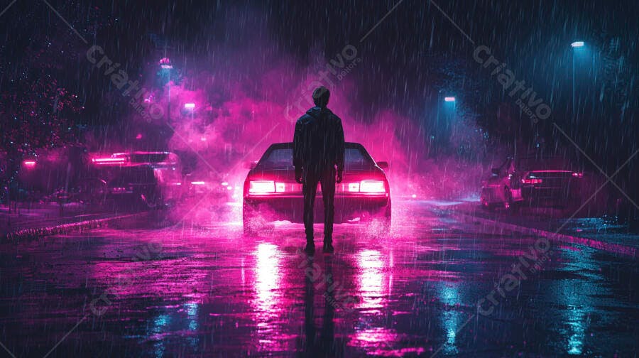 Homem em silhueta parado sob chuva neon em rua urbana à noite