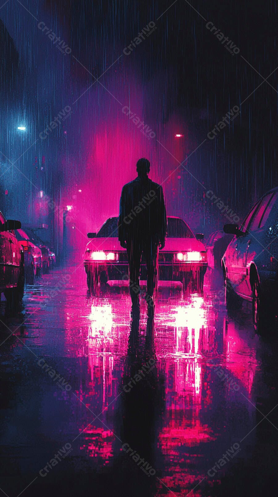 Homem solitário em rua urbana chuvosa com luzes neon rosa e azul