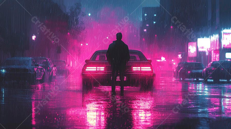 Homem de pé junto a carro clássico em rua chuvosa neon rosa