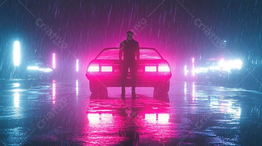 Homem de costas em carro retrô rosa sob chuva neon cyberpunk à noite