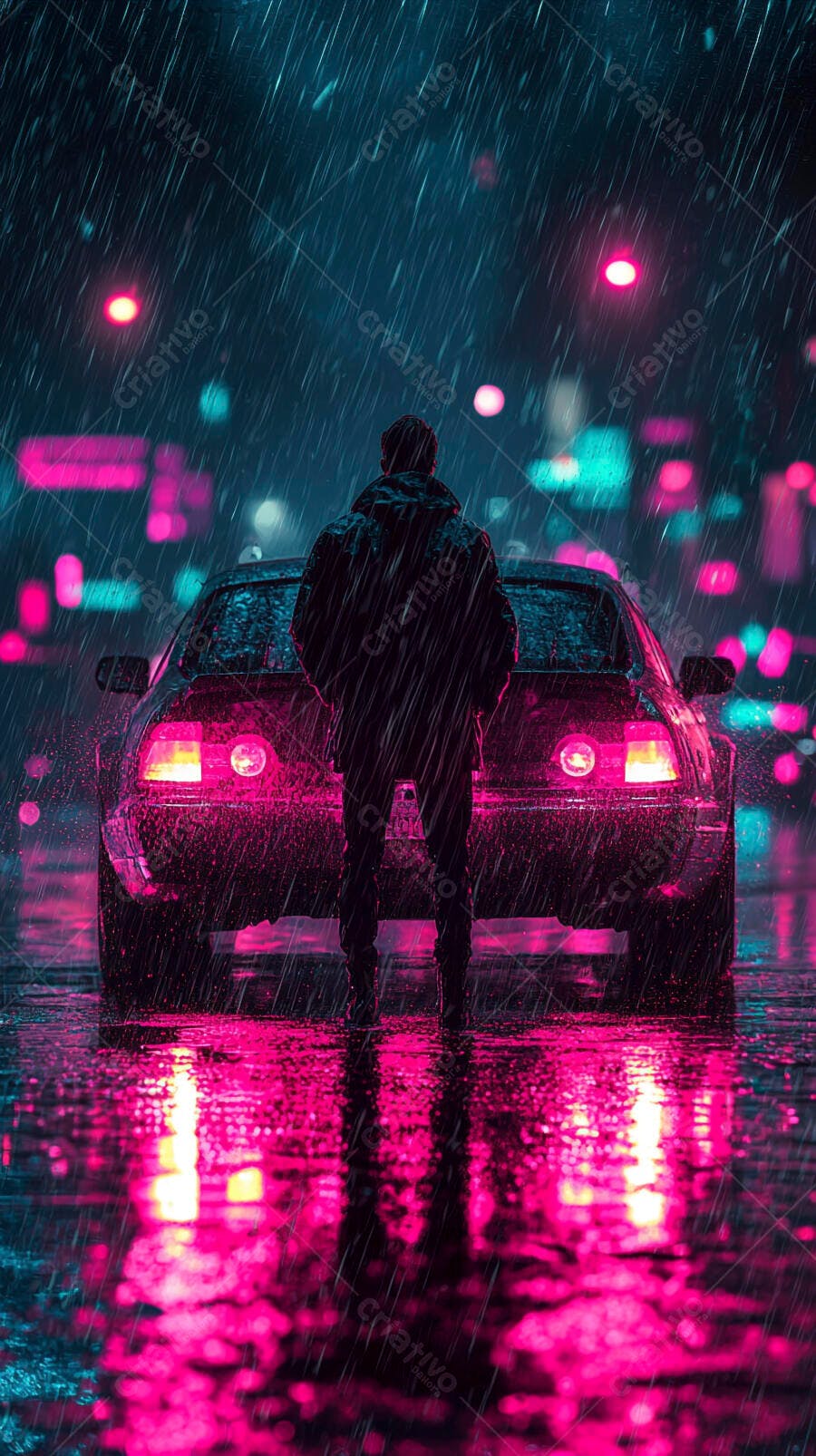 Homem de capuz em rua chuvosa com carro neon rosa à noite