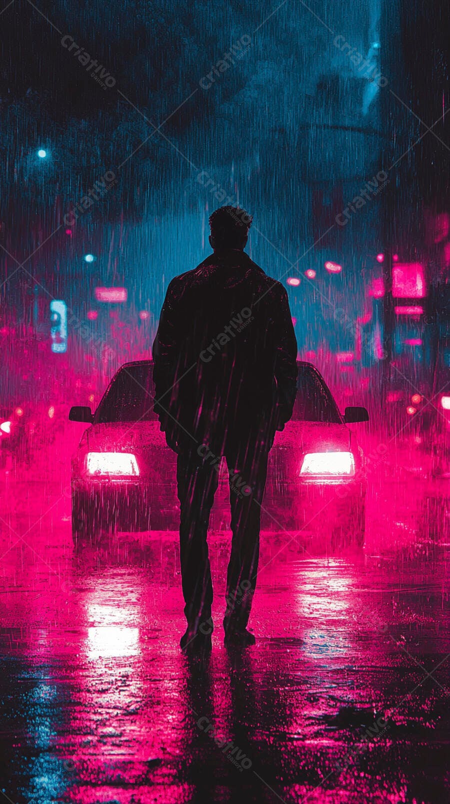 Homem de casaco na rua chuvosa noturna com carro luzes neon rosa e azul