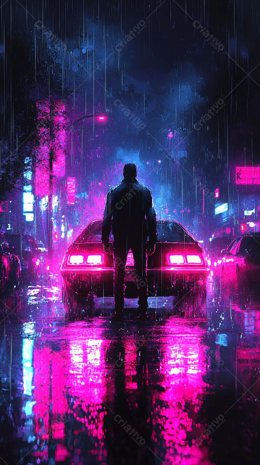 Homem em jaqueta parado atrás de carro rosa neon vintage na cidade chuvosa noturna