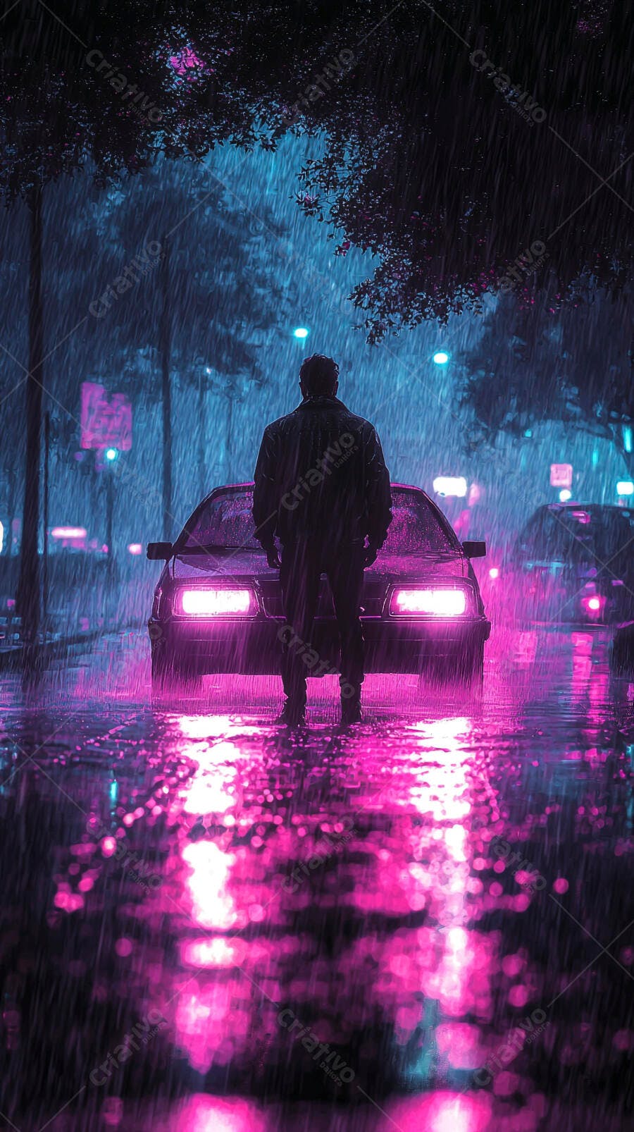 Homem de jaqueta em rua chuvosa noturna com carro e luzes neon roxas