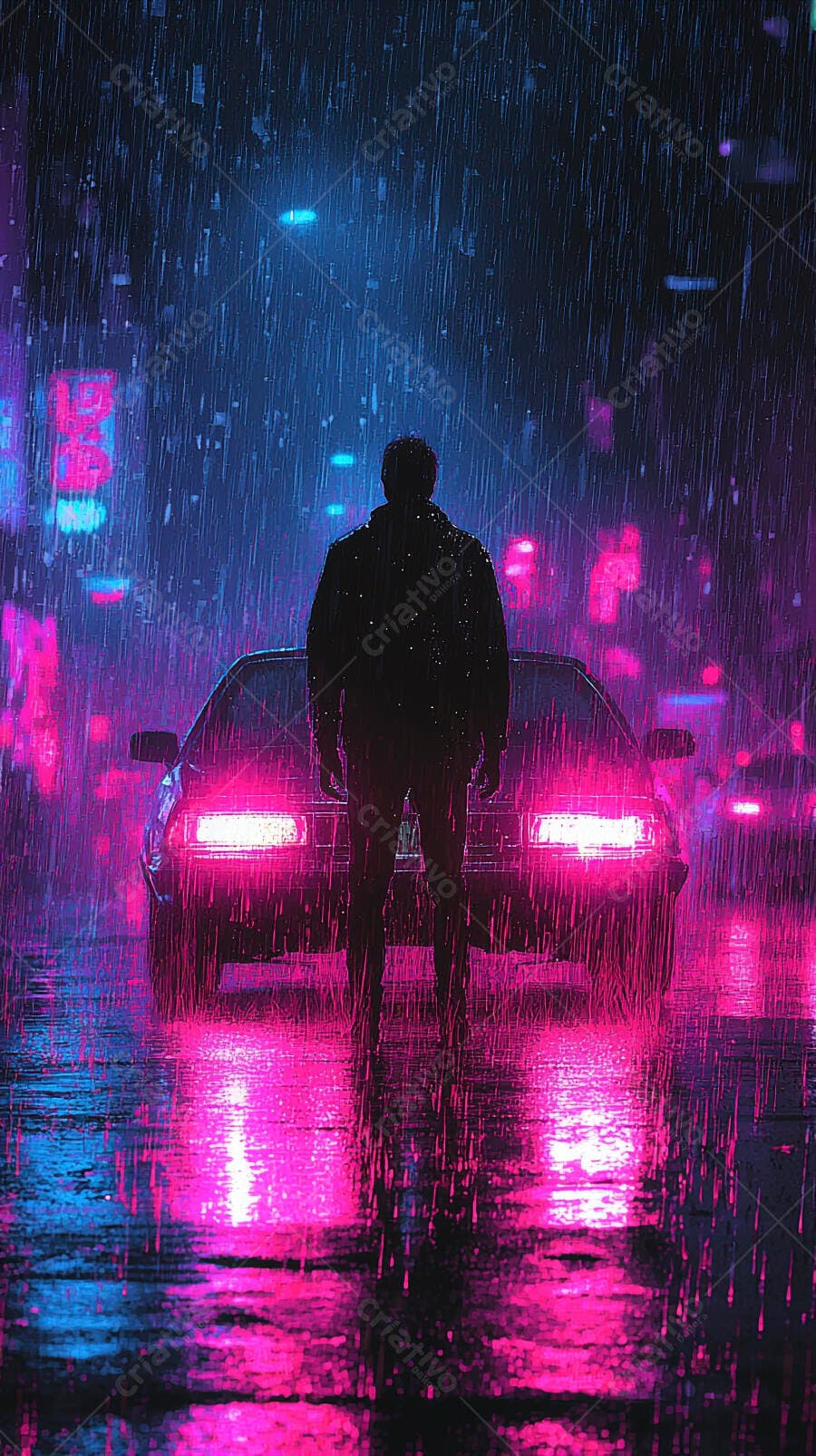 Homem em silhueta na chuva neon com carro em rua cyberpunk noturna
