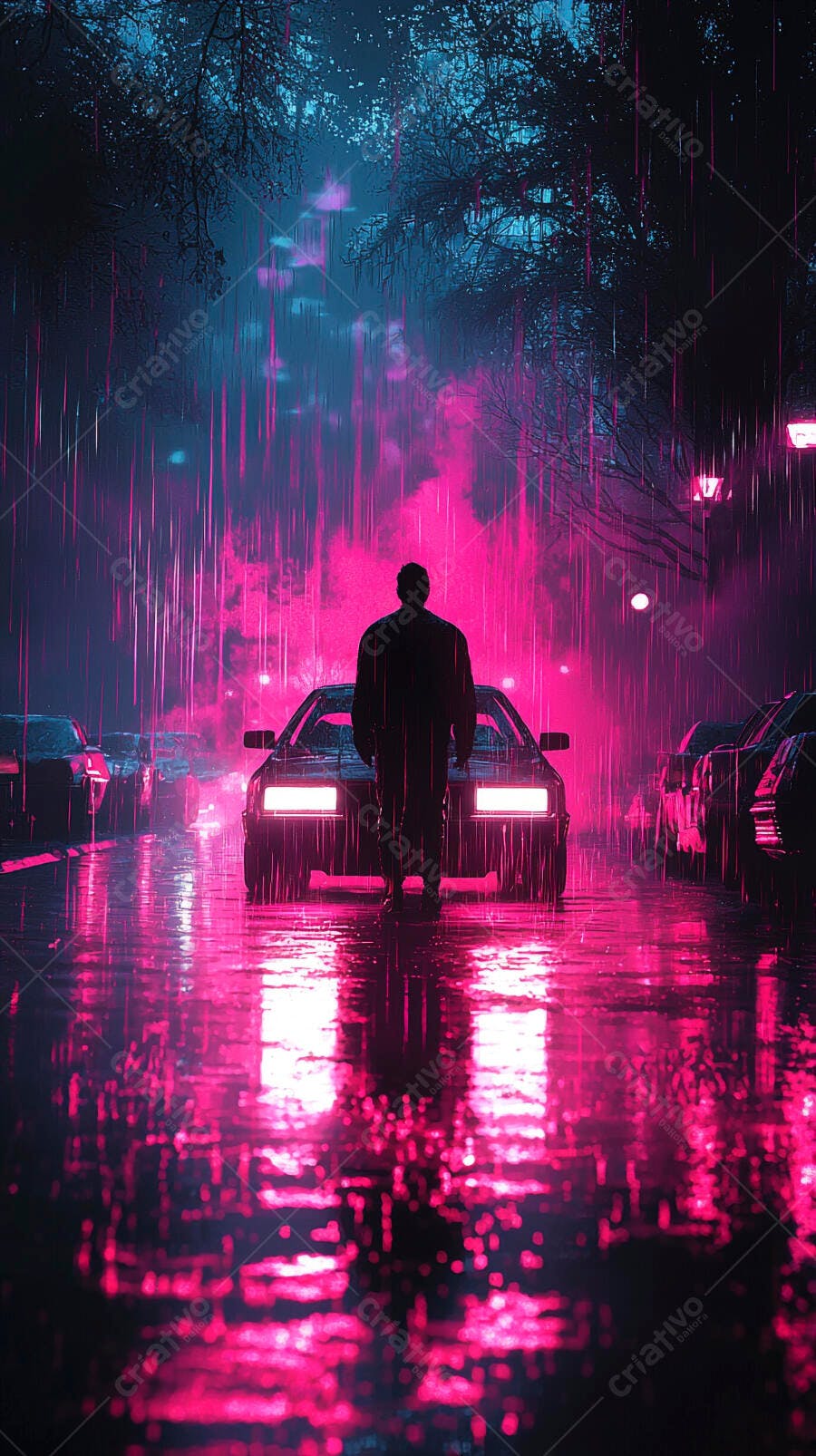 Homem em carro esportivo na rua chuvosa com luzes neon rosa