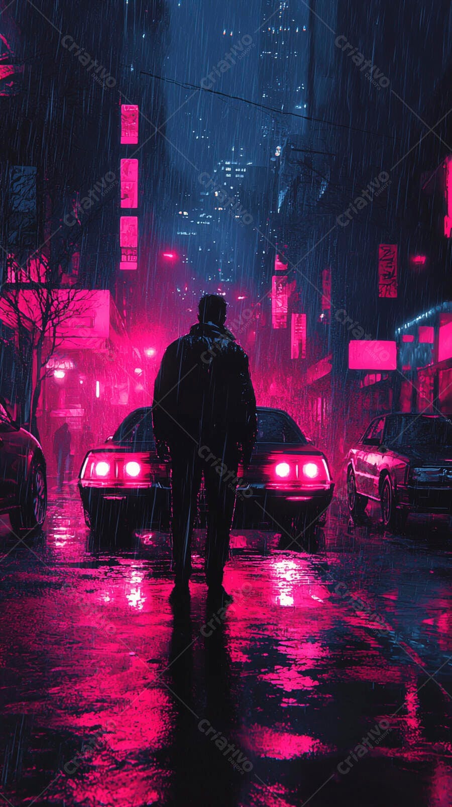 Homem caminhando na chuva forte da cidade neon rosa e azul