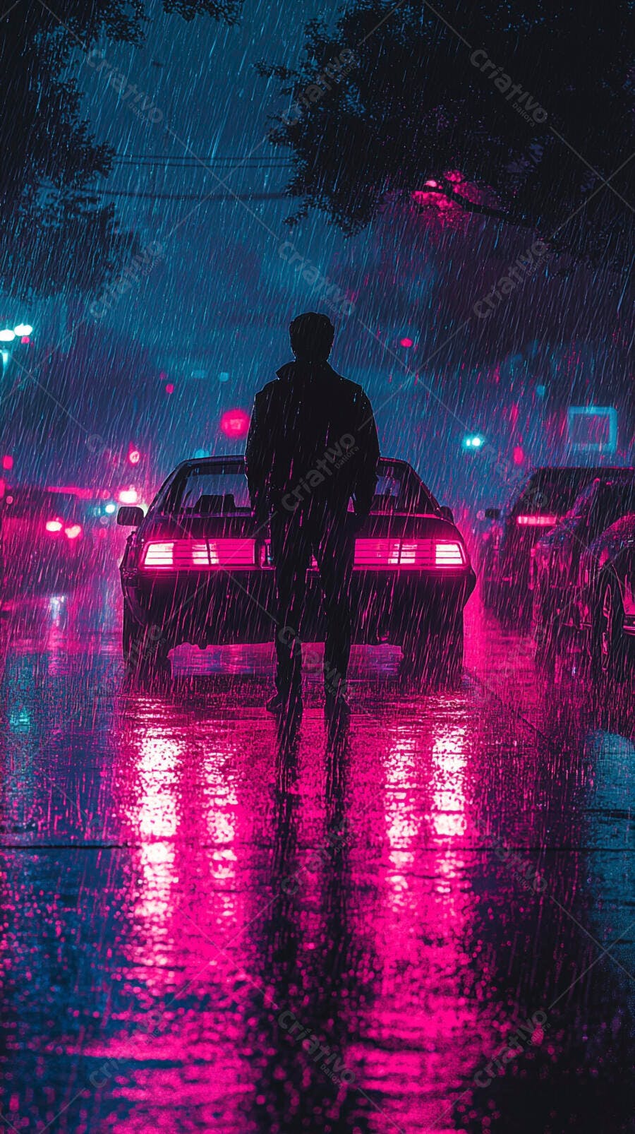 Homem solitário de costas na chuva com luzes neon rosa e azul