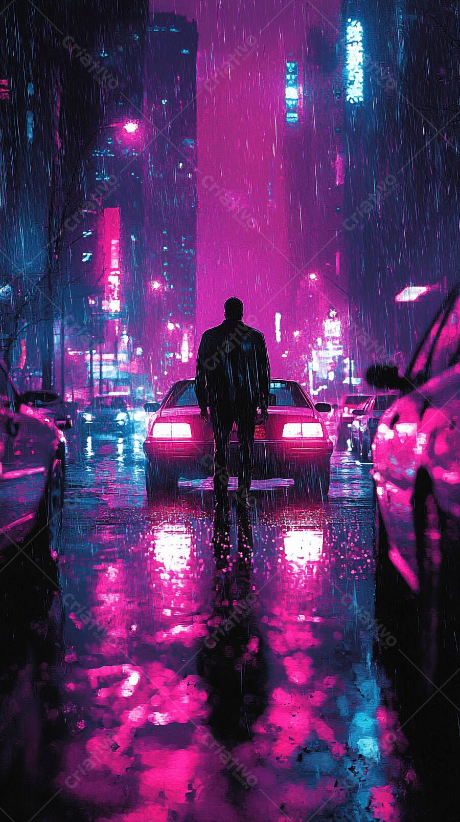 Homem solitário parado na rua chuvosa à noite com luzes neon rosa e azul