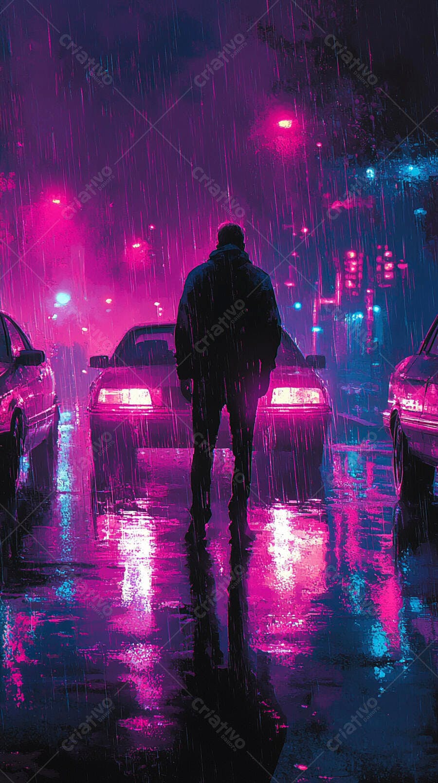 Homem caminhando em rua chuvosa à noite com luzes neon rosa e azul