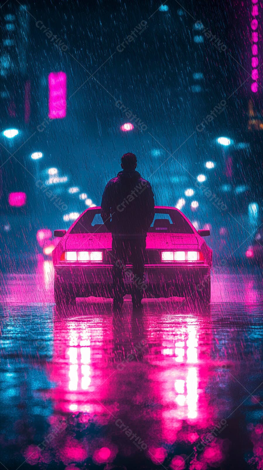 Homem de casaco em frente a carro esportivo rosa sob chuva neon em rua urbana à noite