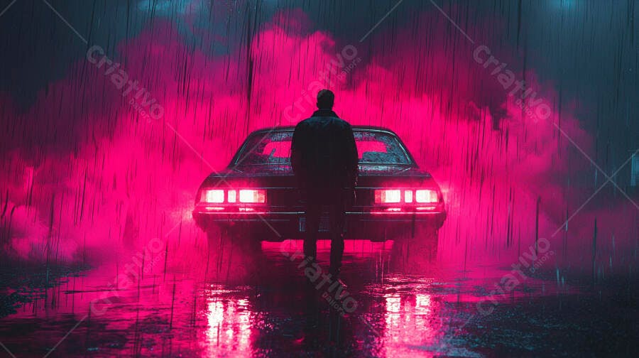 Homem em frente a carro clássico na chuva sob luz neon rosa à noite
