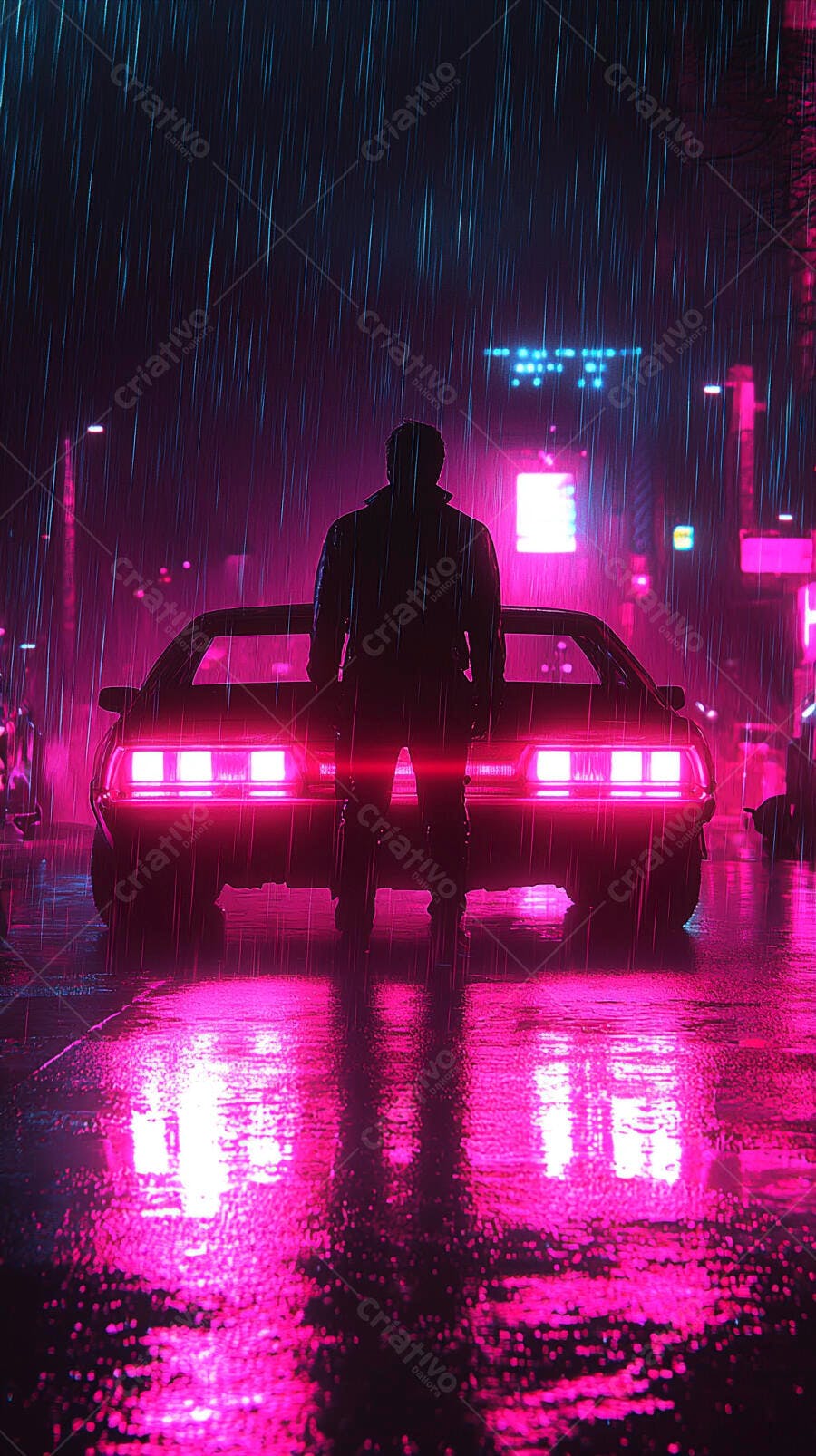Homem em pé na rua chuvosa com carro vintage e luzes neon rosa e azul na cidade noturna
