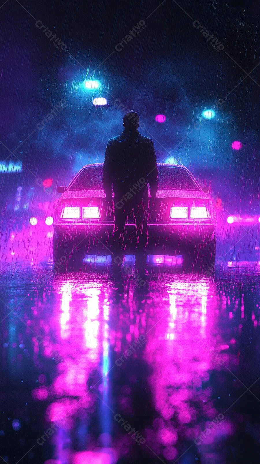Homem em silhueta de costas na chuva noturna com luzes neon rosa e azul refletidas