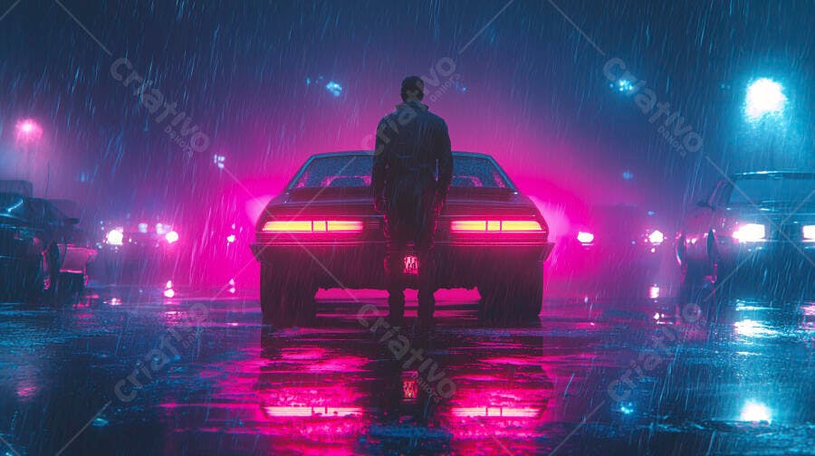 Homem de costas em frente a carro clássico sob chuva neon à noite