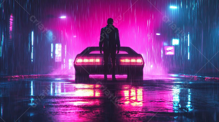 Homem e carro esportivo na rua chuvosa com luzes neon rosa e azuis