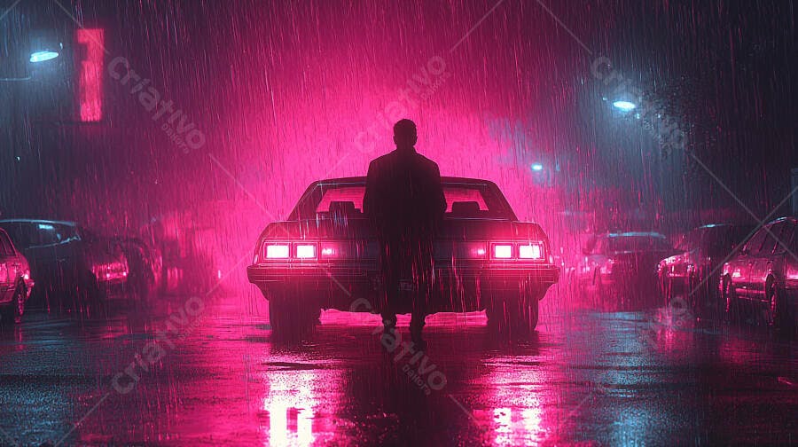 Homem em silhueta de pé atrás de carro clássico na chuva noturna neon rosa