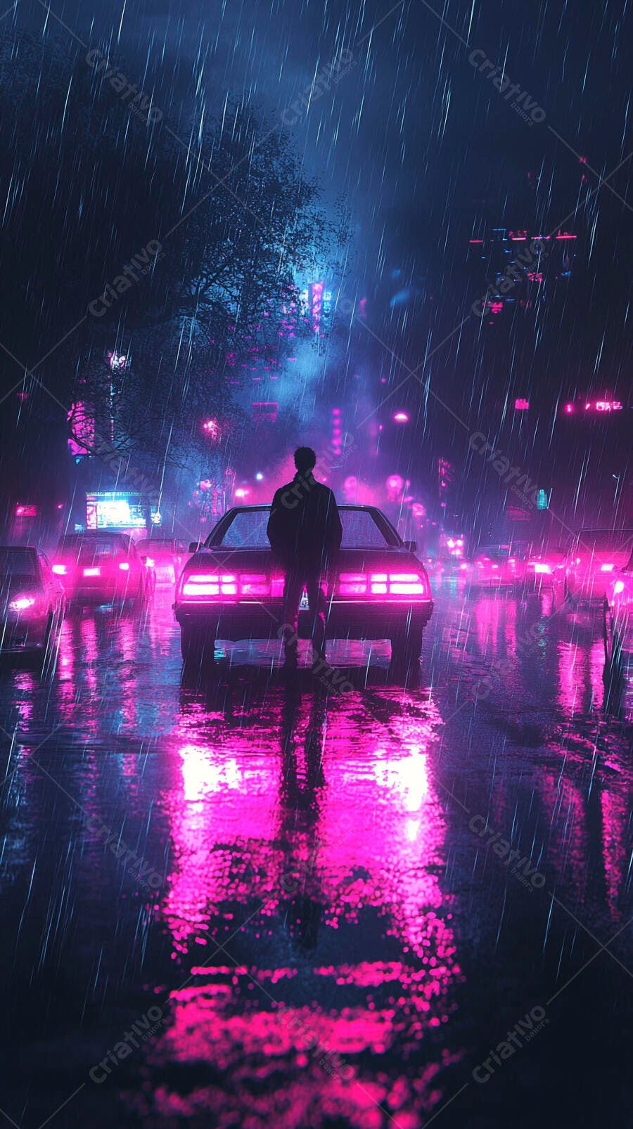 Homem parado em carro retrô chuva neon na rua da cidade à noite