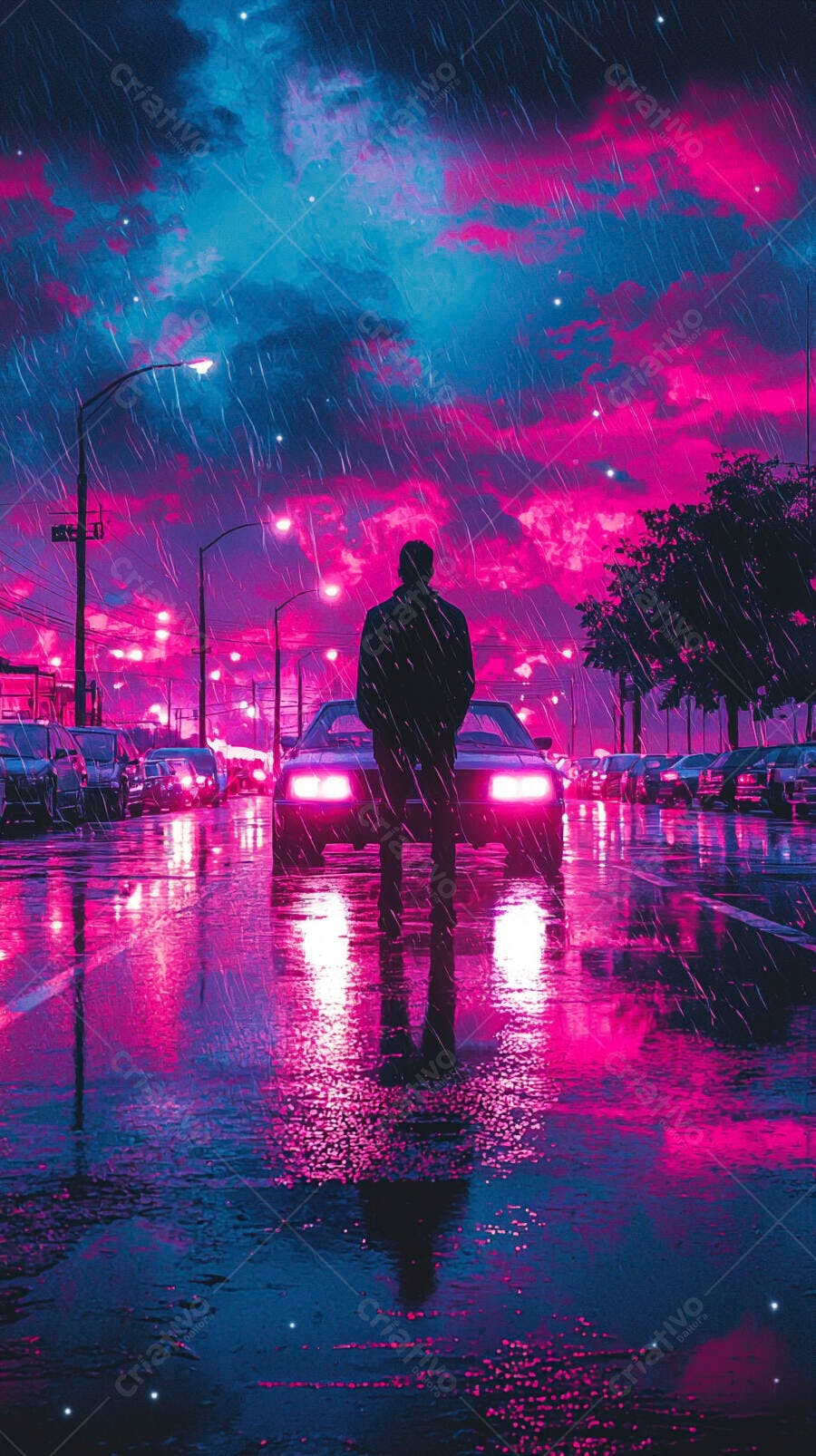 Homem de pé na chuva noturna com carro retrô em rua neon rosa e azul