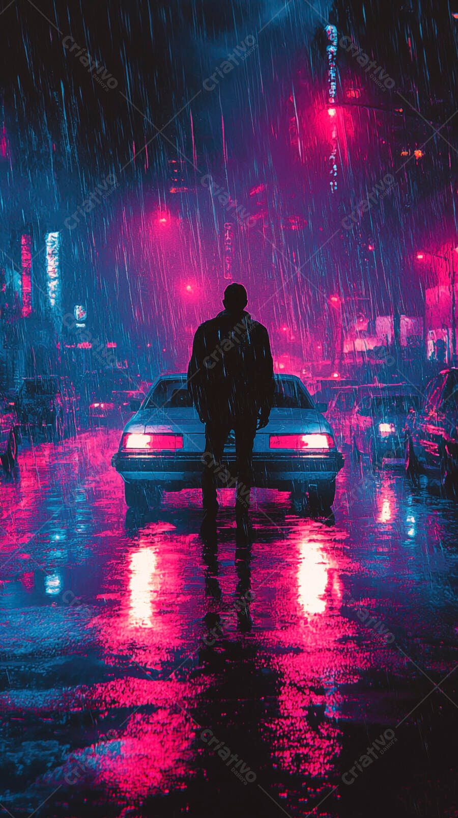 Homem de casaco em rua chuvosa com luzes neon rosa e azul à noite