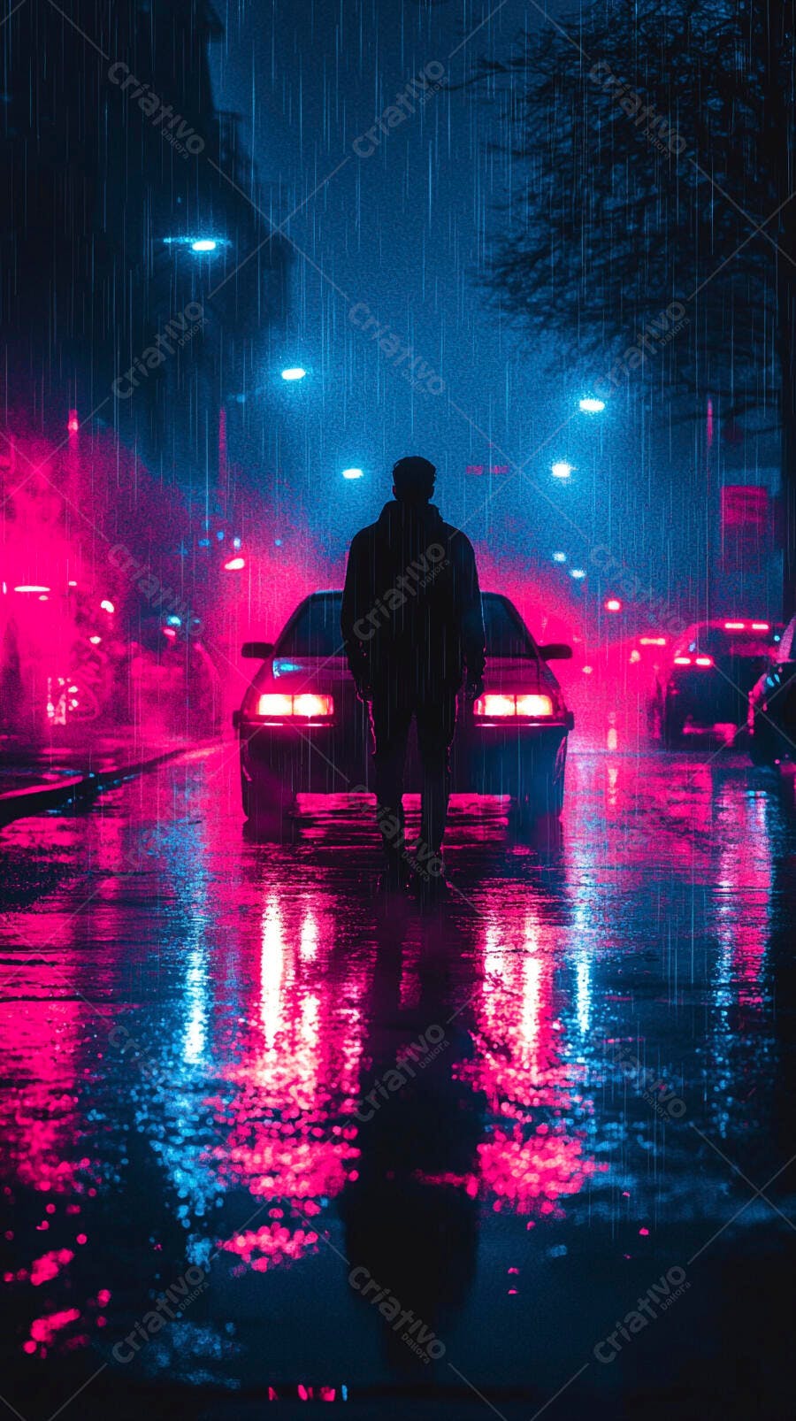 Homem solitário na rua chuvosa à noite com luzes neon rosa e azul