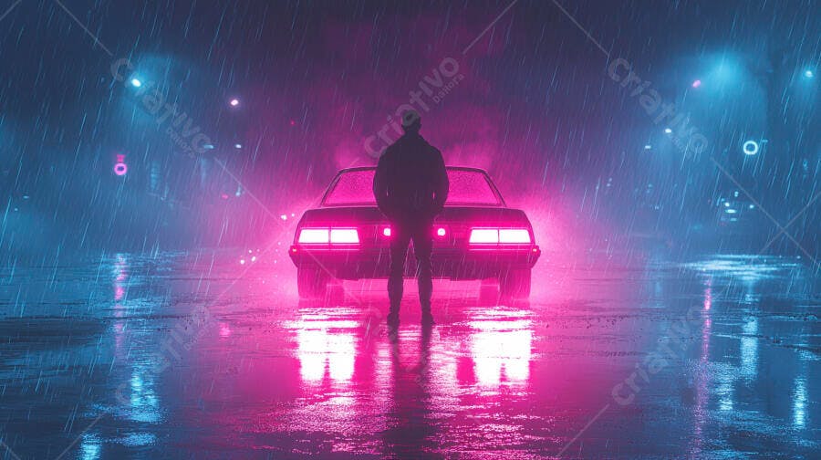Carro clássico e homem na chuva noturna com iluminação neon vibrante rosa e azul
